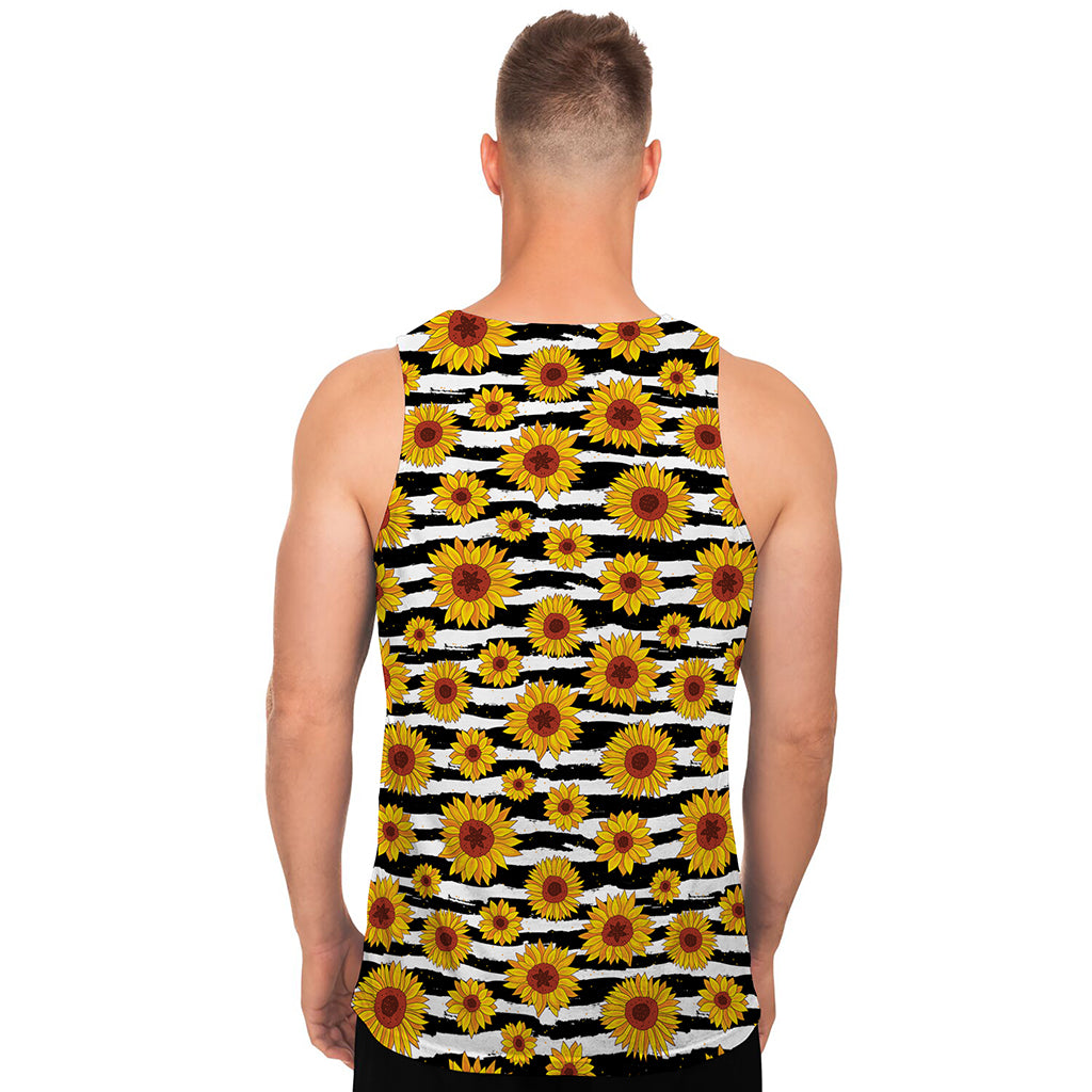 White And Black Stripe Sunflower Print Men's Tank Top