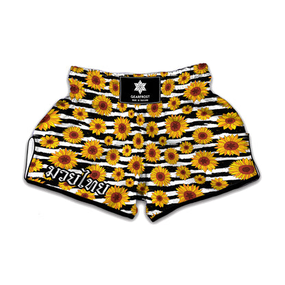 White And Black Stripe Sunflower Print Muay Thai Boxing Shorts