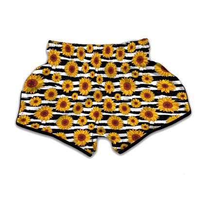 White And Black Stripe Sunflower Print Muay Thai Boxing Shorts