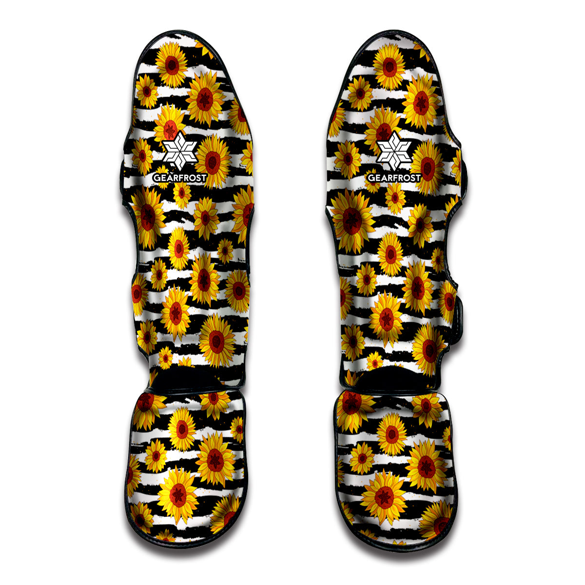 White And Black Stripe Sunflower Print Muay Thai Shin Guard