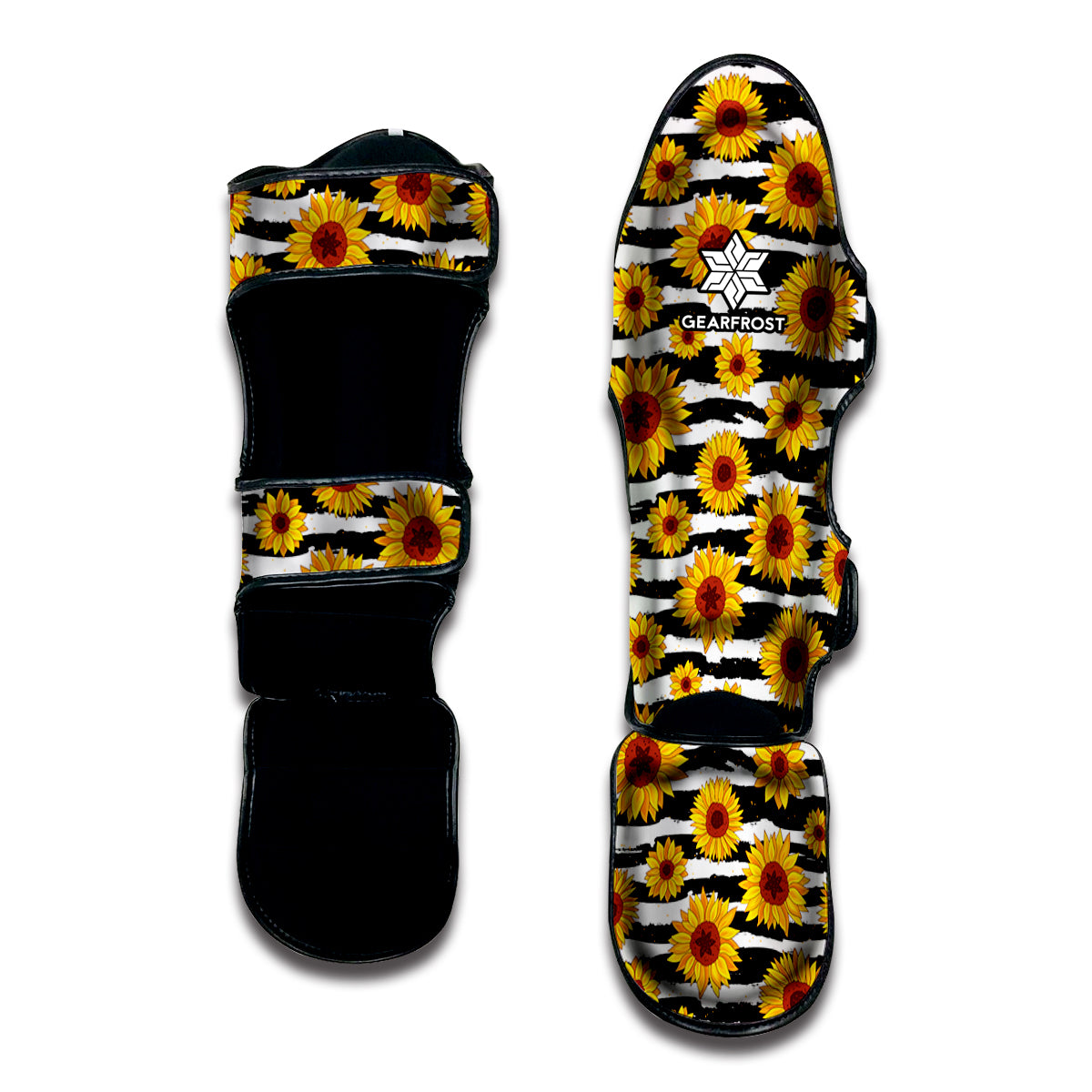 White And Black Stripe Sunflower Print Muay Thai Shin Guard