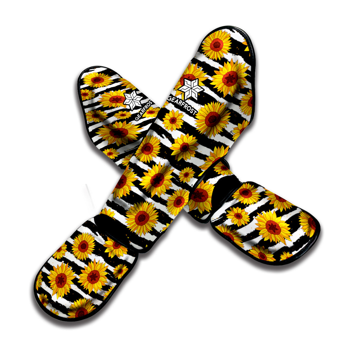 White And Black Stripe Sunflower Print Muay Thai Shin Guard