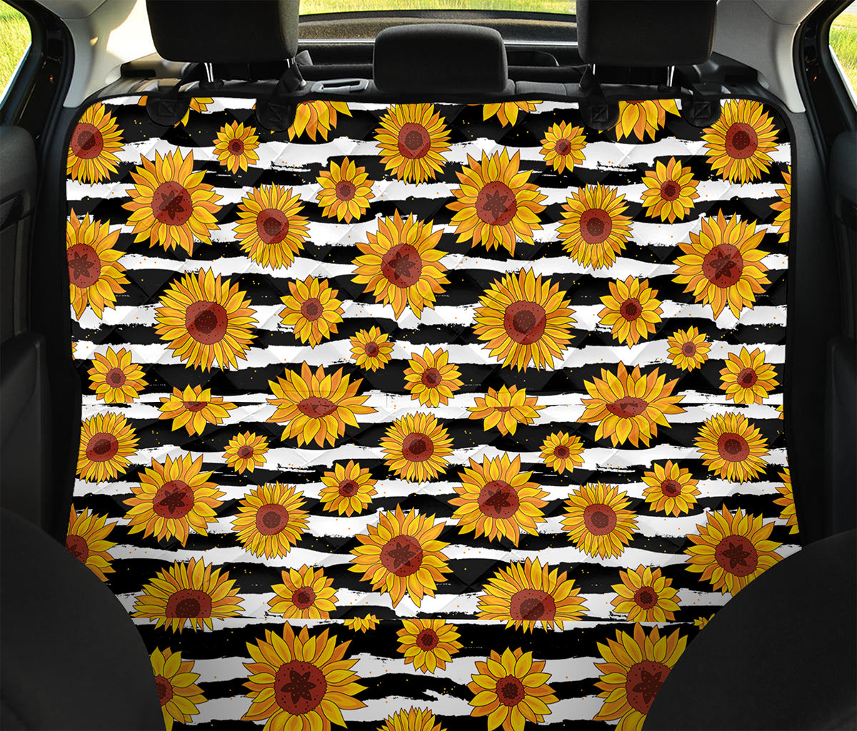 White And Black Stripe Sunflower Print Pet Car Back Seat Cover