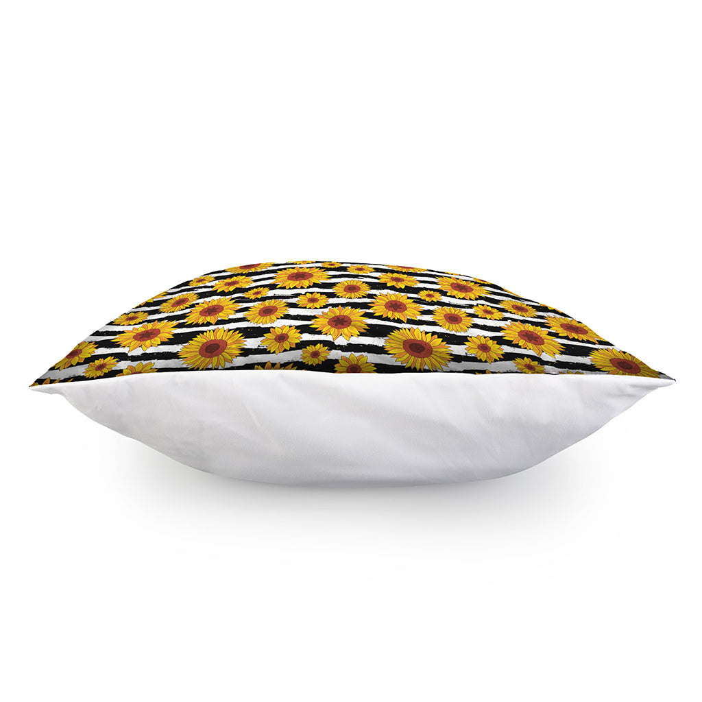 White And Black Stripe Sunflower Print Pillow Cover