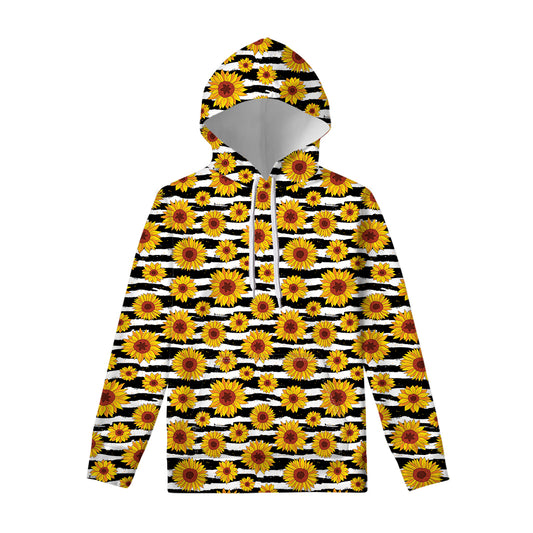 White And Black Stripe Sunflower Print Pullover Hoodie