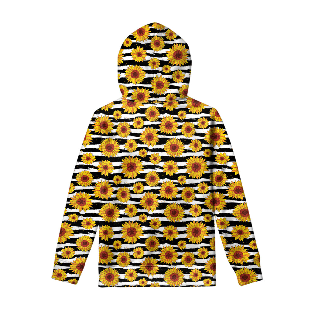 White And Black Stripe Sunflower Print Pullover Hoodie