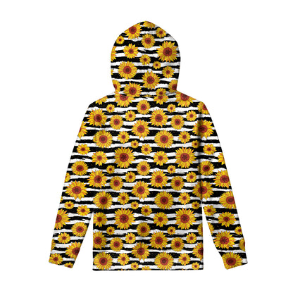 White And Black Stripe Sunflower Print Pullover Hoodie