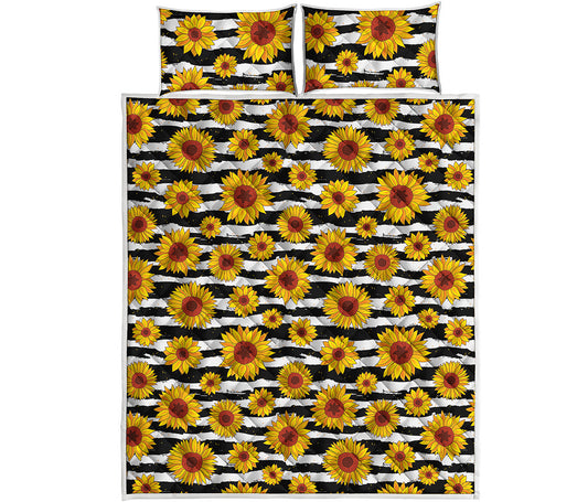 White And Black Stripe Sunflower Print Quilt Bed Set