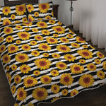 White And Black Stripe Sunflower Print Quilt Bed Set