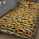 White And Black Stripe Sunflower Print Quilt Bed Set