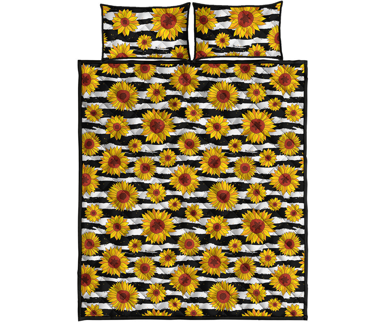 White And Black Stripe Sunflower Print Quilt Bed Set