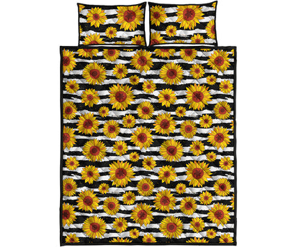 White And Black Stripe Sunflower Print Quilt Bed Set