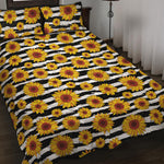 White And Black Stripe Sunflower Print Quilt Bed Set