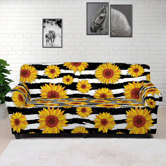 White And Black Stripe Sunflower Print Sofa Cover