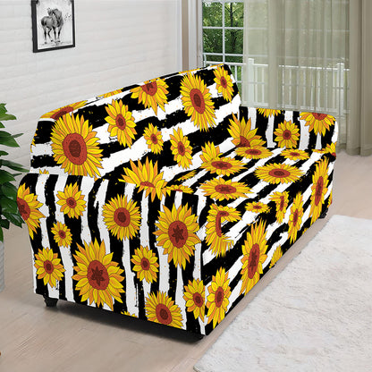White And Black Stripe Sunflower Print Sofa Cover