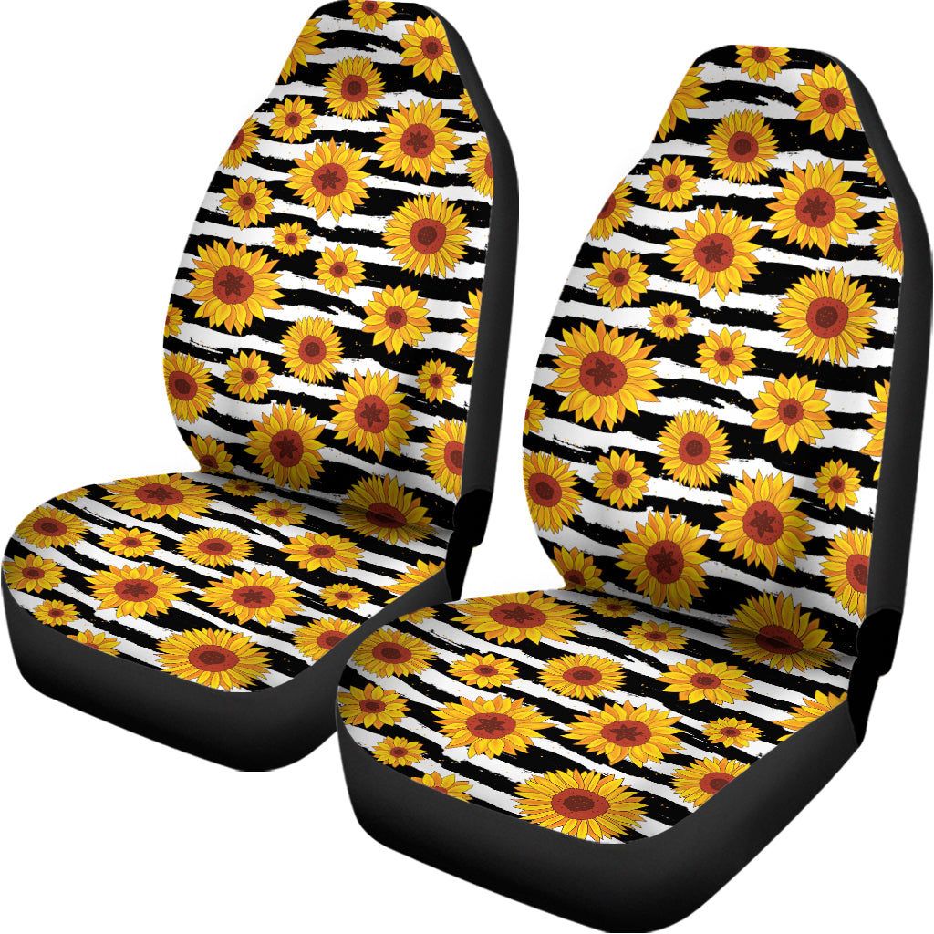 White And Black Stripe Sunflower Print Universal Fit Car Seat Covers