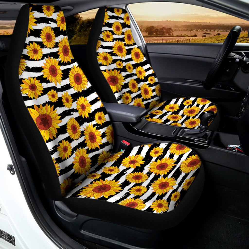 White And Black Stripe Sunflower Print Universal Fit Car Seat Covers