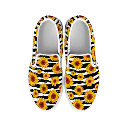 White And Black Stripe Sunflower Print White Slip On Shoes
