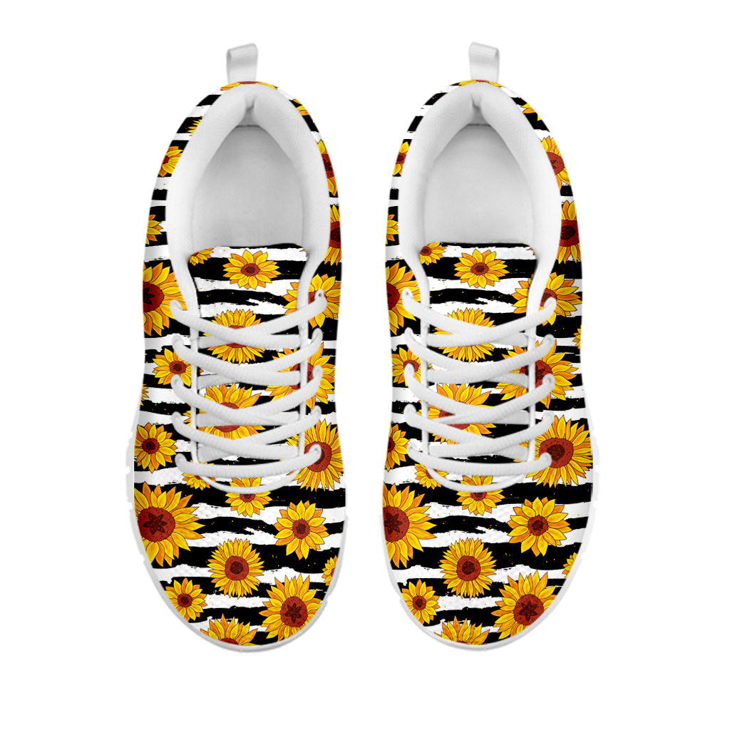 White And Black Stripe Sunflower Print White Sneakers