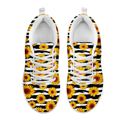 White And Black Stripe Sunflower Print White Sneakers