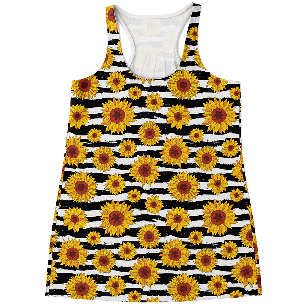 White And Black Stripe Sunflower Print Women's Racerback Tank Top