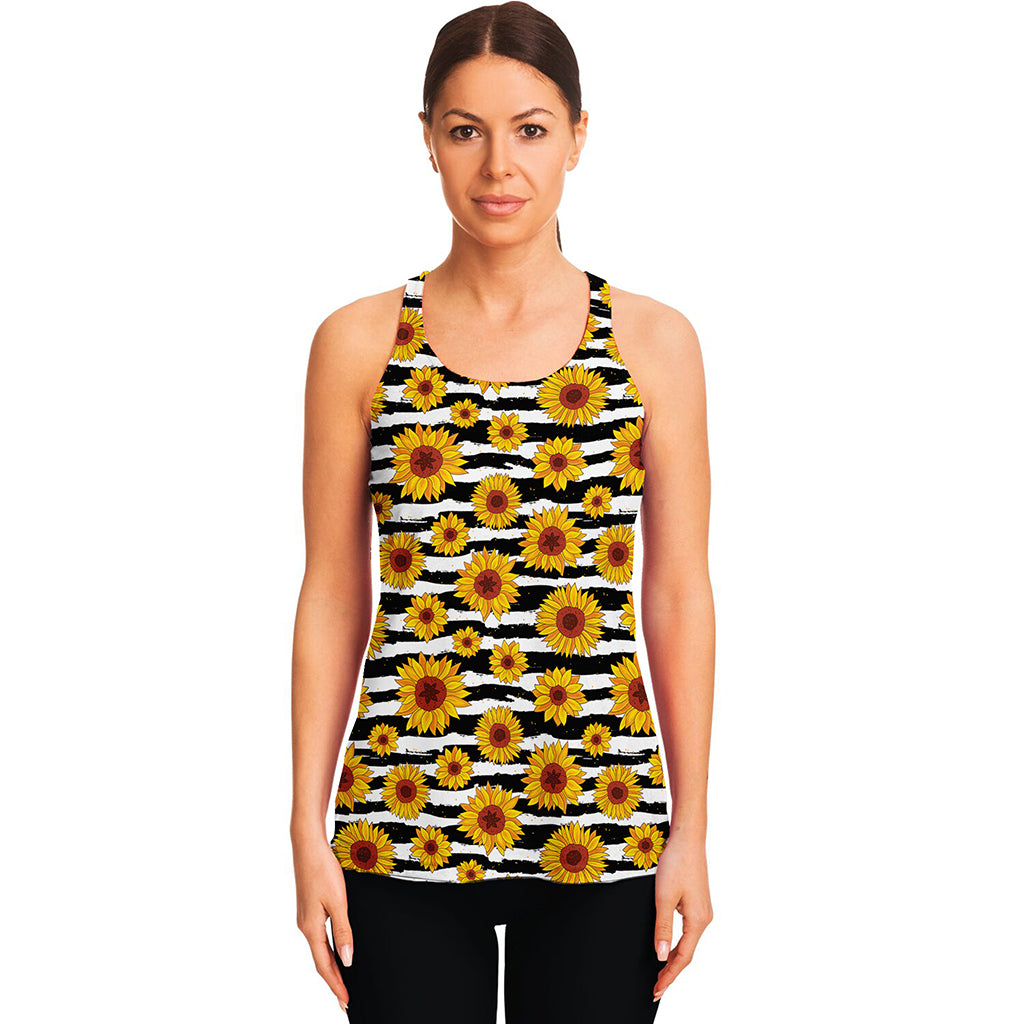 White And Black Stripe Sunflower Print Women's Racerback Tank Top