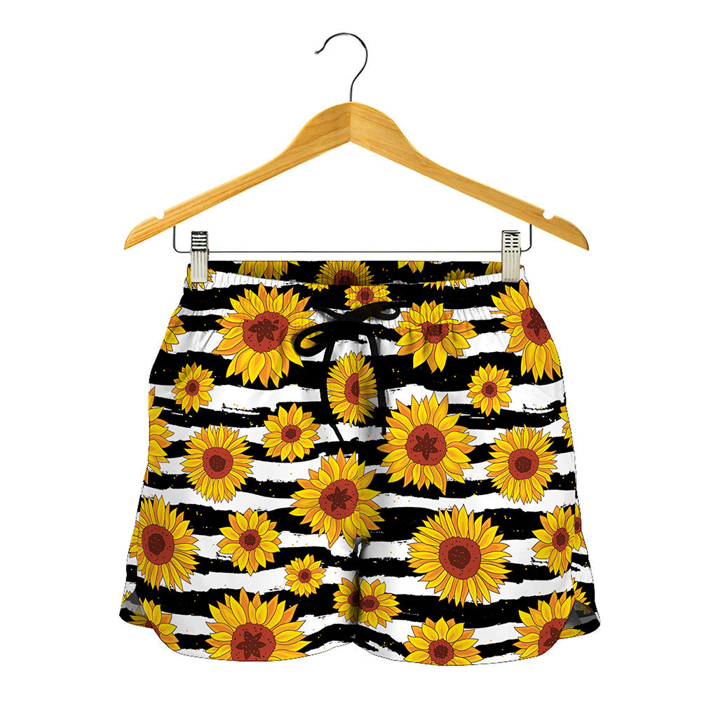 White And Black Stripe Sunflower Print Women's Shorts