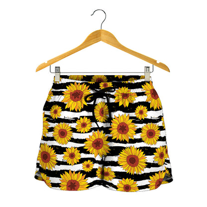 White And Black Stripe Sunflower Print Women's Shorts