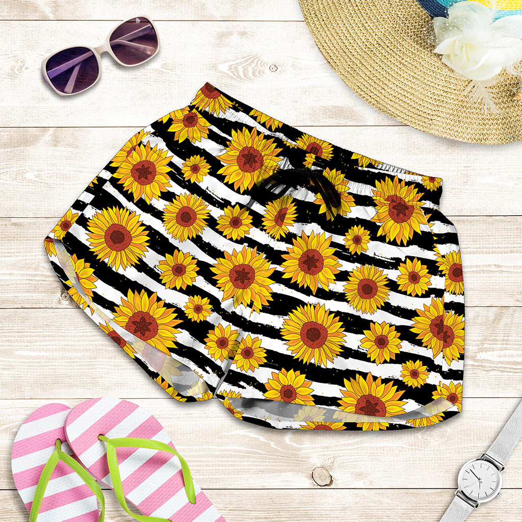 White And Black Stripe Sunflower Print Women's Shorts