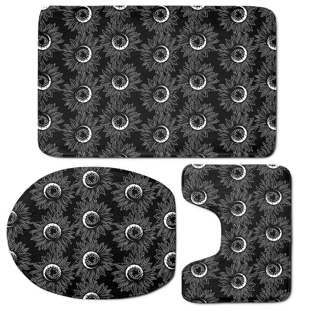 White And Black Sunflower Pattern Print 3 Piece Bath Mat Set