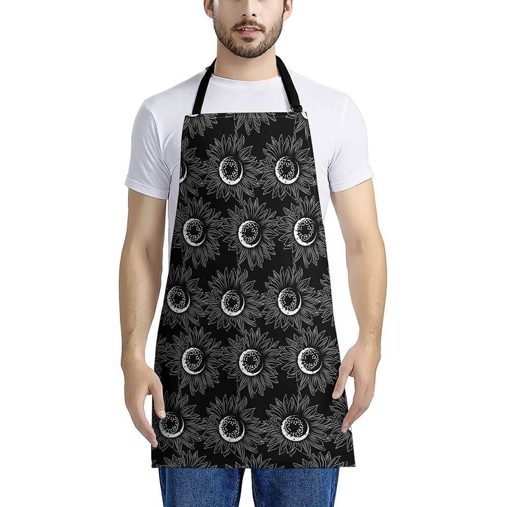 White And Black Sunflower Pattern Print Apron