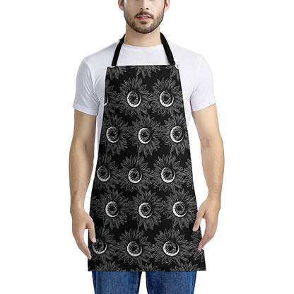 White And Black Sunflower Pattern Print Apron