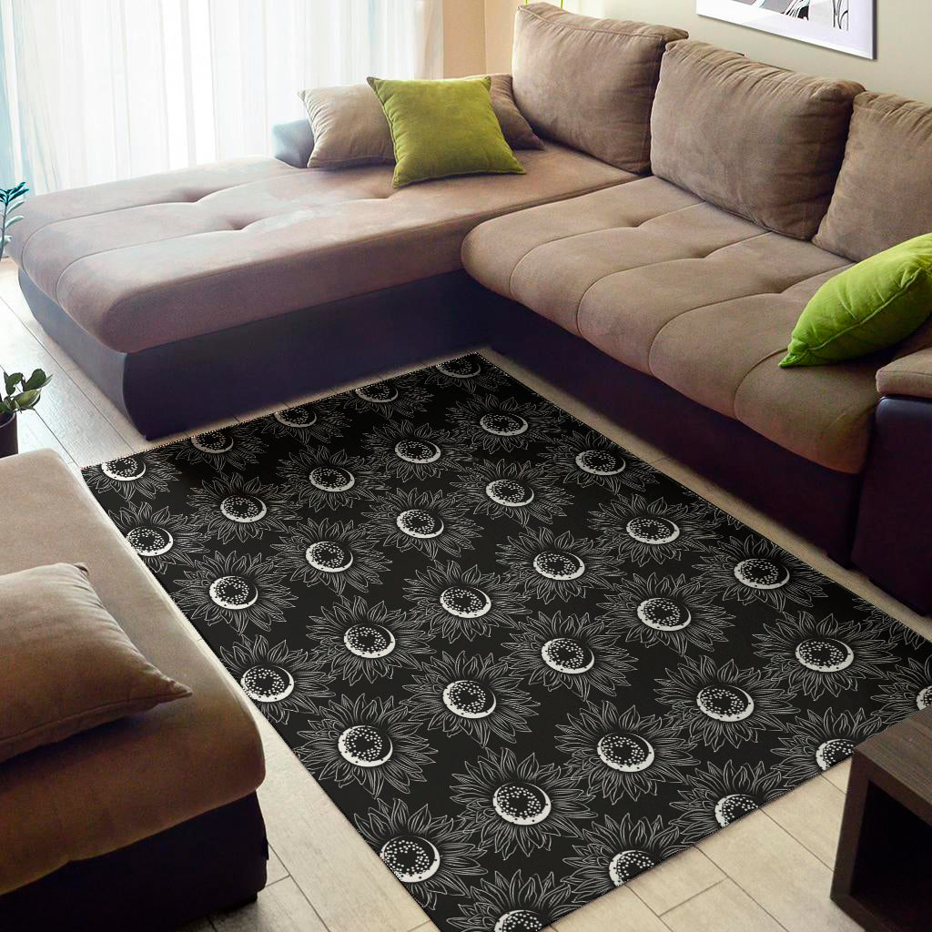 White And Black Sunflower Pattern Print Area Rug