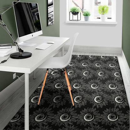 White And Black Sunflower Pattern Print Area Rug
