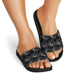 White And Black Sunflower Pattern Print Black Slide Sandals
