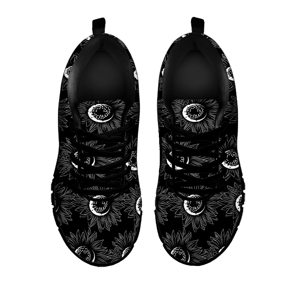 White And Black Sunflower Pattern Print Black Sneakers