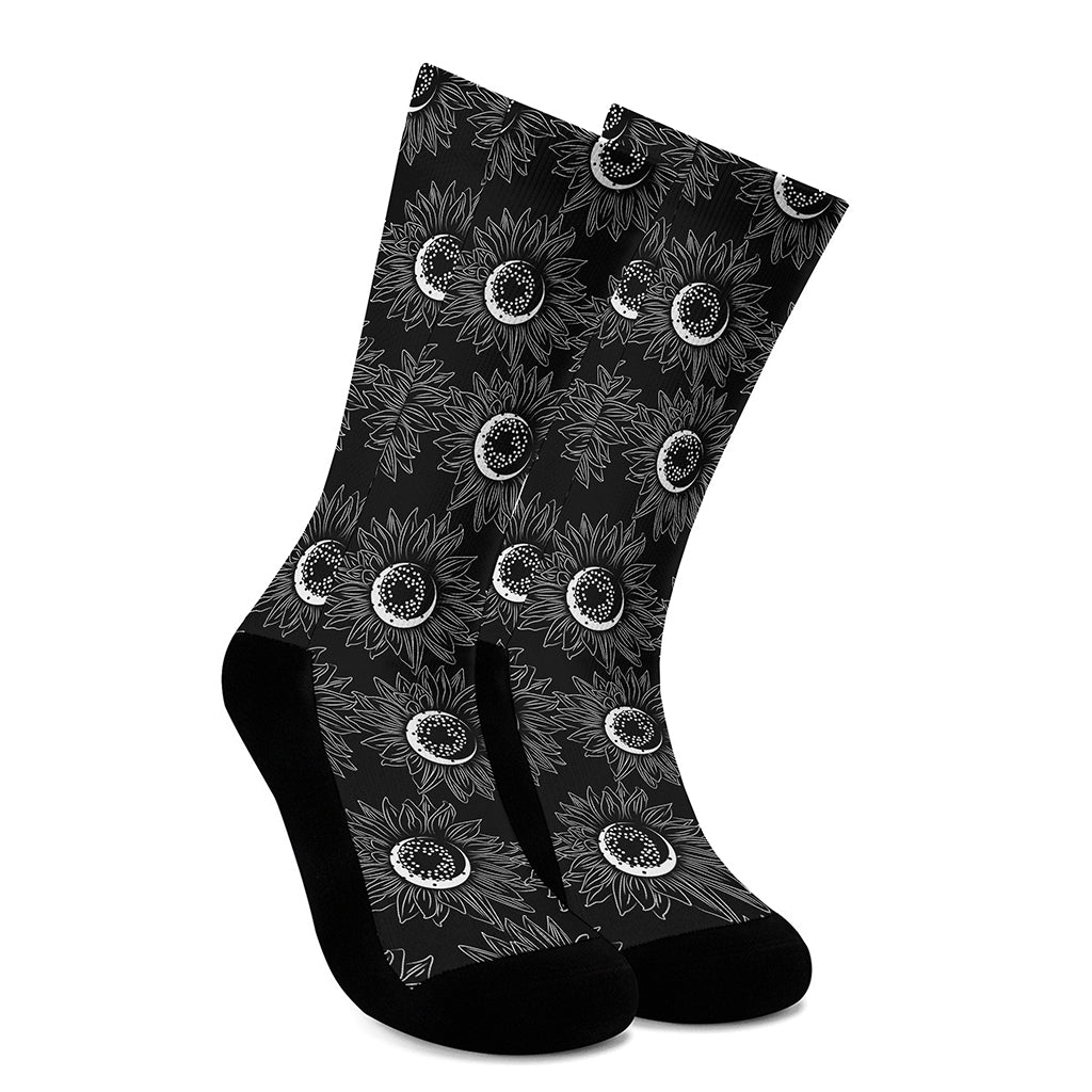 White And Black Sunflower Pattern Print Crew Socks