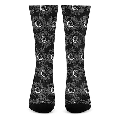 White And Black Sunflower Pattern Print Crew Socks