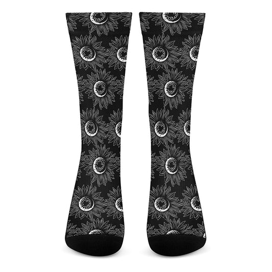 White And Black Sunflower Pattern Print Crew Socks