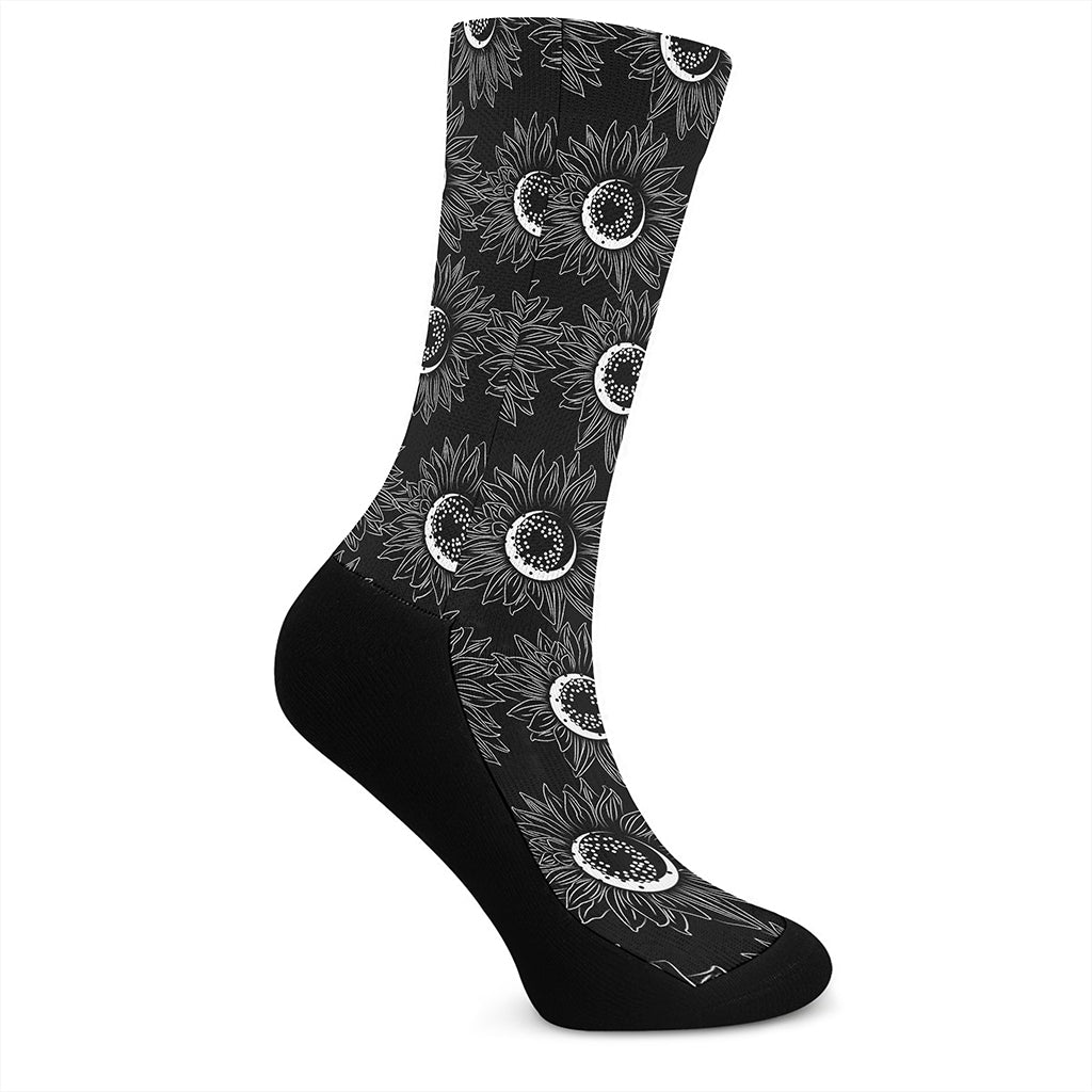 White And Black Sunflower Pattern Print Crew Socks