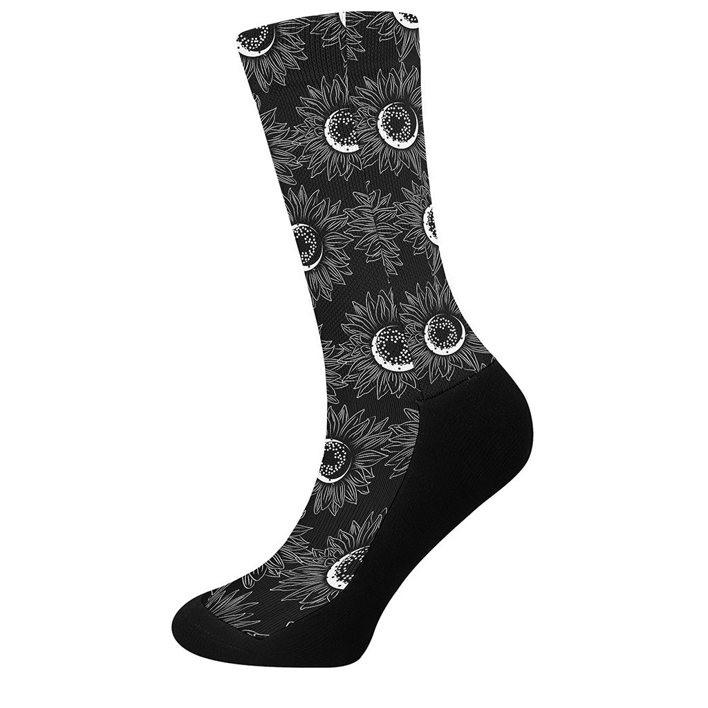 White And Black Sunflower Pattern Print Crew Socks