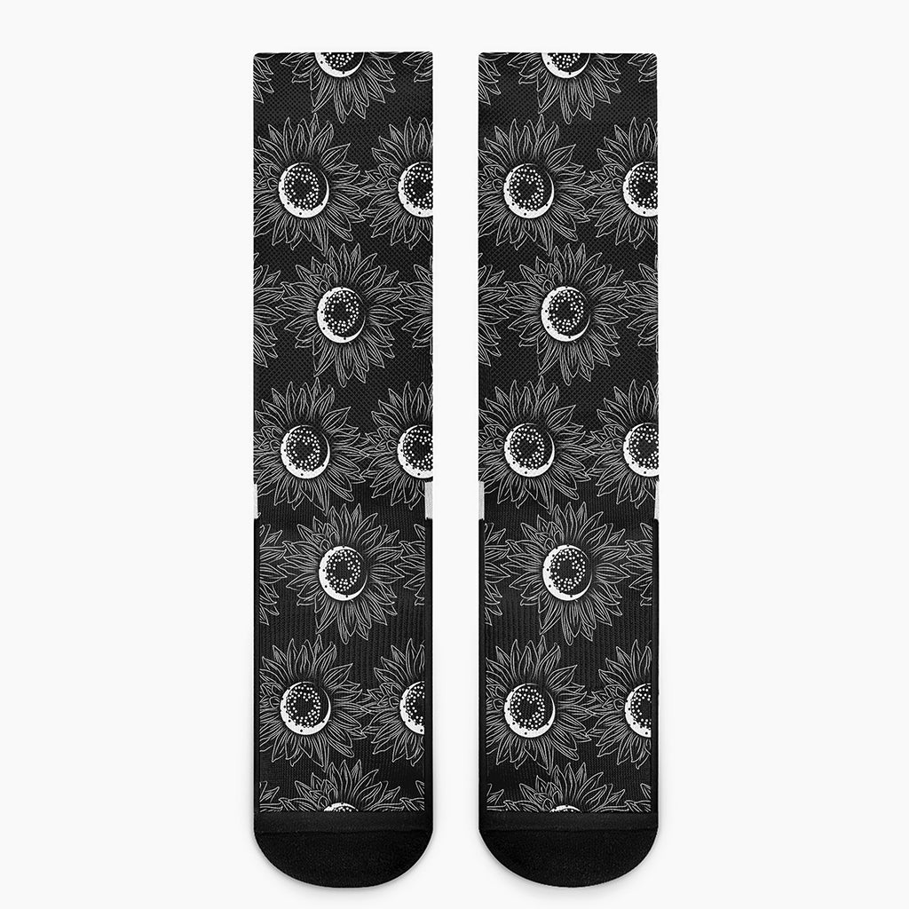 White And Black Sunflower Pattern Print Crew Socks