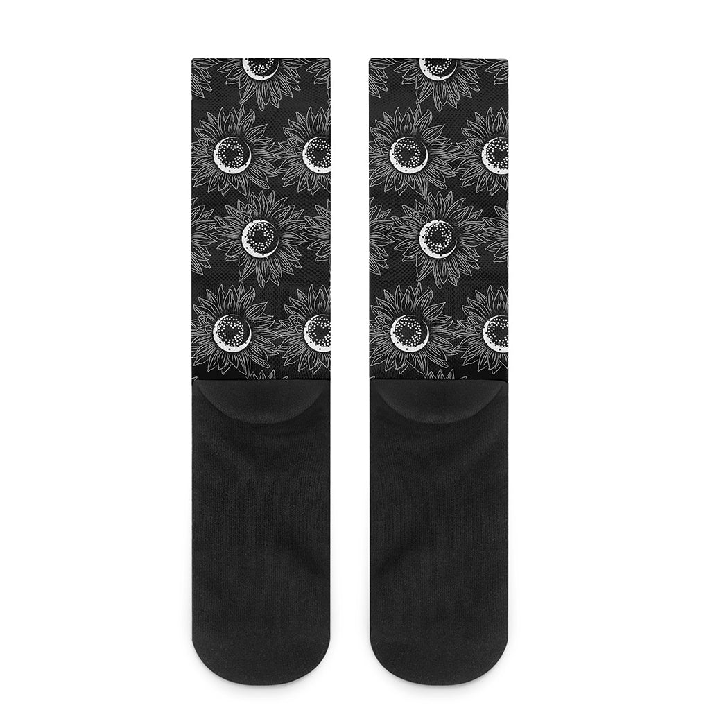 White And Black Sunflower Pattern Print Crew Socks