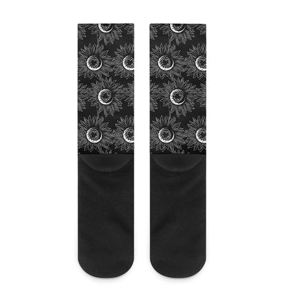 White And Black Sunflower Pattern Print Crew Socks
