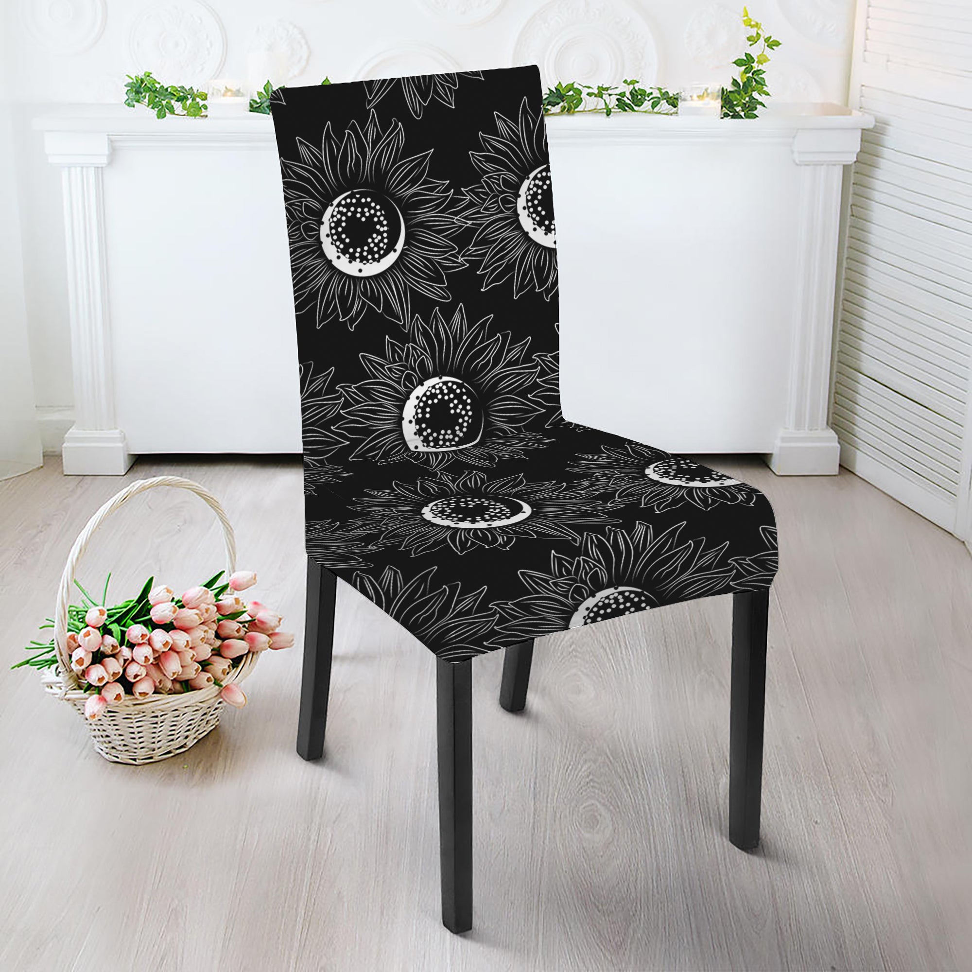 White And Black Sunflower Pattern Print Dining Chair Slipcover