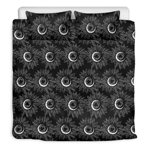 White And Black Sunflower Pattern Print Duvet Cover Bedding Set