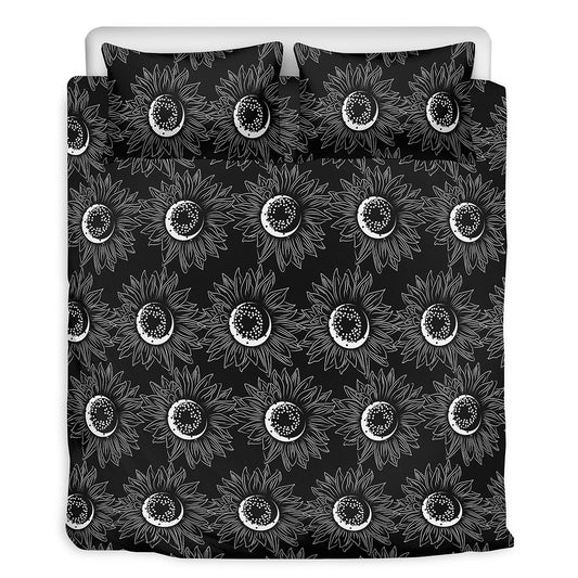 White And Black Sunflower Pattern Print Duvet Cover Bedding Set