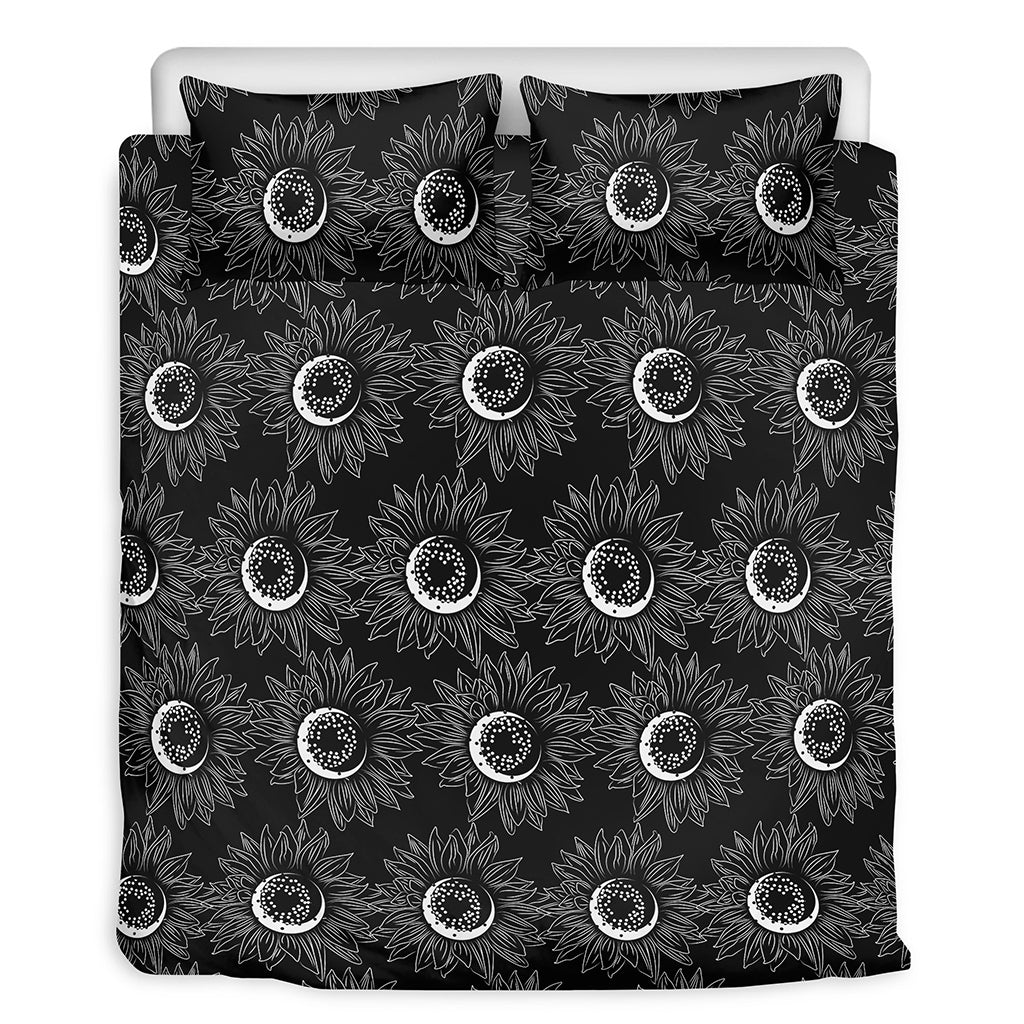 White And Black Sunflower Pattern Print Duvet Cover Bedding Set