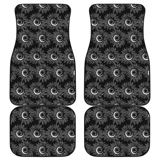 White And Black Sunflower Pattern Print Front and Back Car Floor Mats