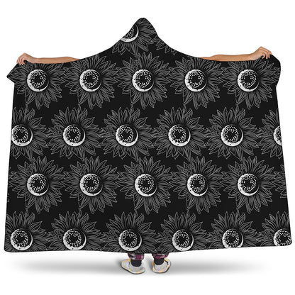 White And Black Sunflower Pattern Print Hooded Blanket